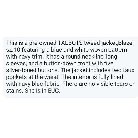 💕EUC TALBOTS Tweed Jacket, Blazer, SZ.10 Navy Blue White Silver - Picture 12 of 12